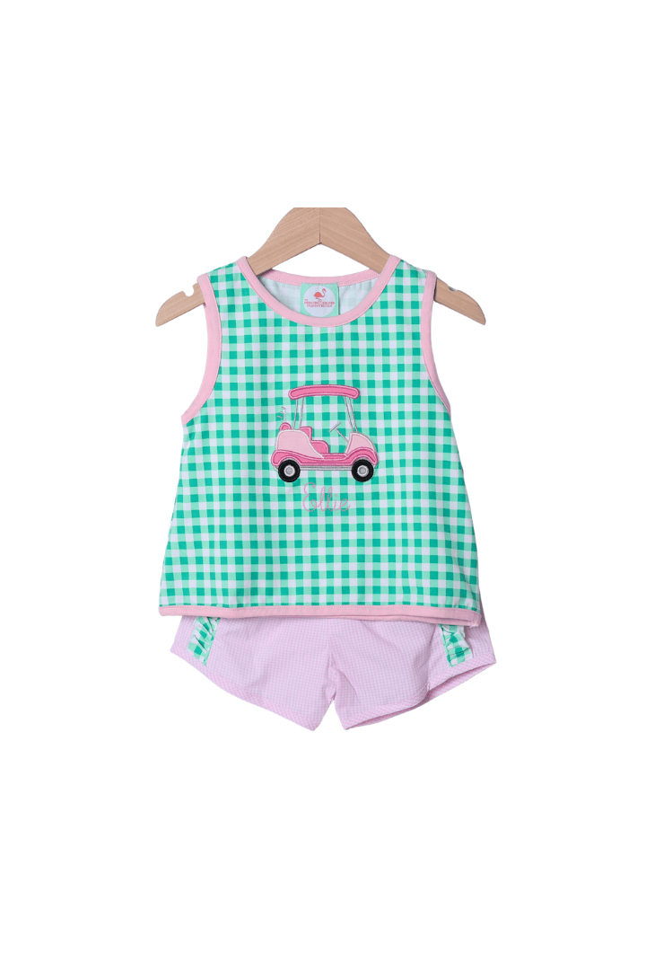 The Smocked Flamingo Apparel & Accessories Applique Golf Cart Green/Pink Gingham Short Set