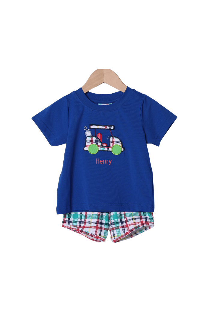 The Smocked Flamingo Apparel & Accessories Applique Golf Cart Multi Plaid Short Set