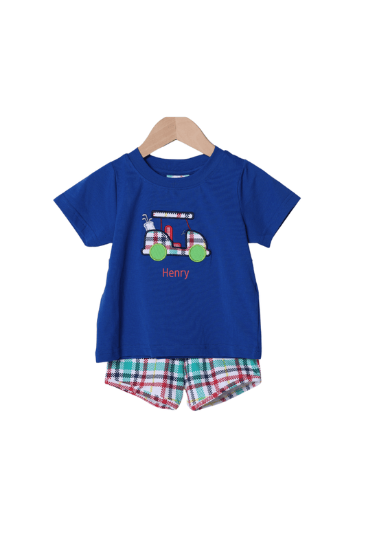The Smocked Flamingo Apparel & Accessories Applique Golf Cart Multi Plaid Short Set