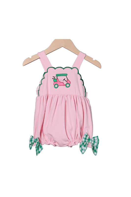 The Smocked Flamingo Apparel & Accessories Applique Golf Cart Pink and Green Gingham Bubble