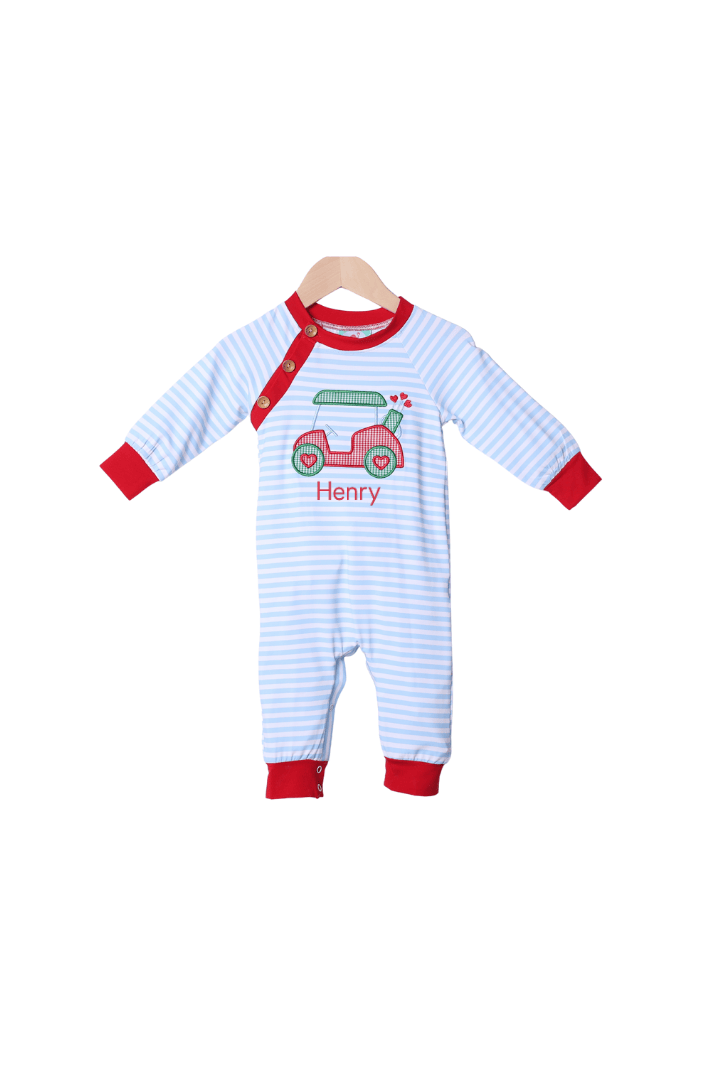 The Smocked Flamingo Apparel & Accessories Applique Golf Heart Blue Stripe Romper