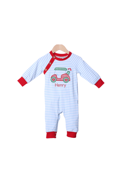 The Smocked Flamingo Apparel & Accessories Applique Golf Heart Blue Stripe Romper