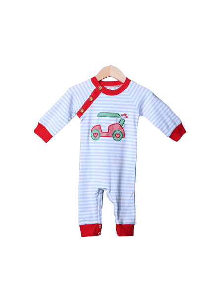 The Smocked Flamingo Apparel & Accessories Applique Golf Heart Blue Stripe Romper