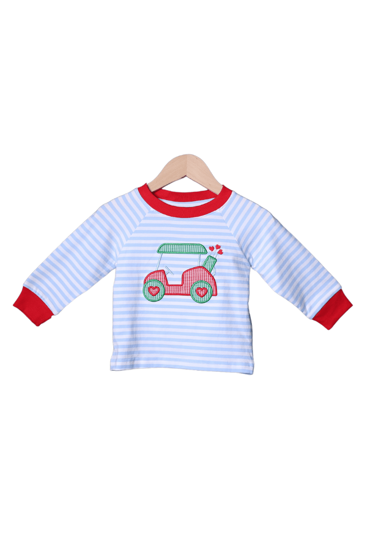 The Smocked Flamingo Apparel & Accessories Applique Golf Heart Blue Stripe Shirt