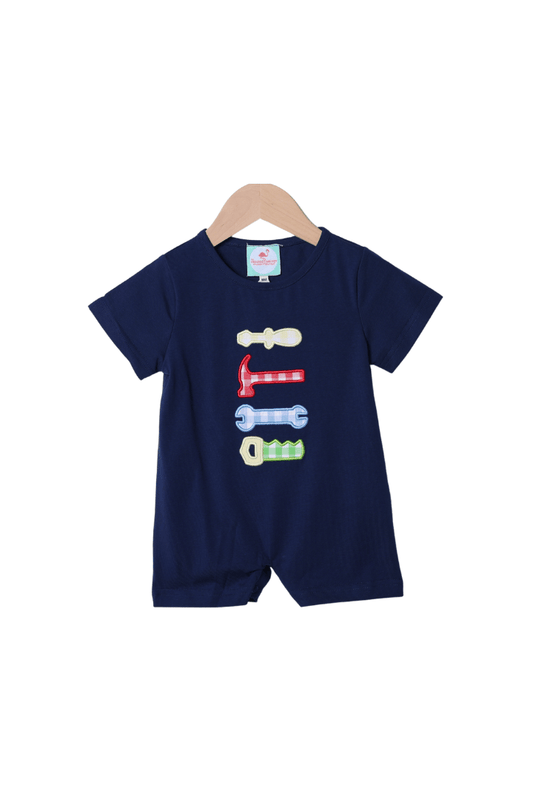 The Smocked Flamingo Apparel & Accessories Applique Handy Man Blue Gingham Short Romper