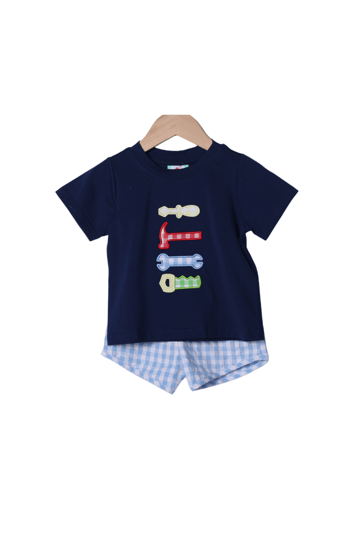 The Smocked Flamingo Apparel & Accessories Applique Handy Man Blue Gingham Short Set