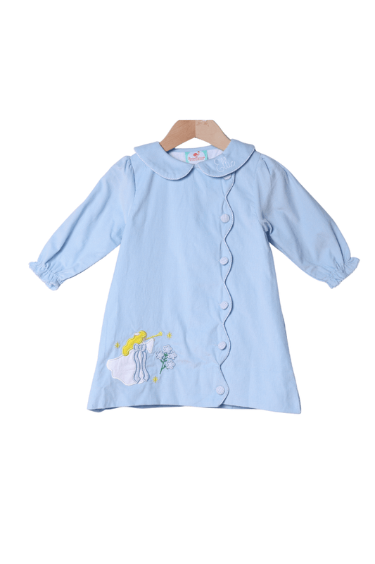 The Smocked Flamingo Apparel & Accessories Applique Hark the Herald Angel Blue Corduroy Dress
