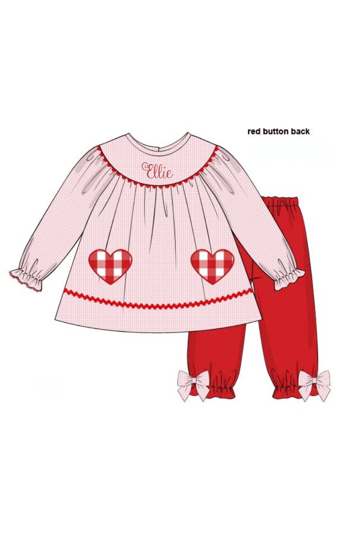 The Smocked Flamingo Apparel & Accessories Applique Hearts Pink Gingham/Red Buffalo Check Pant Set