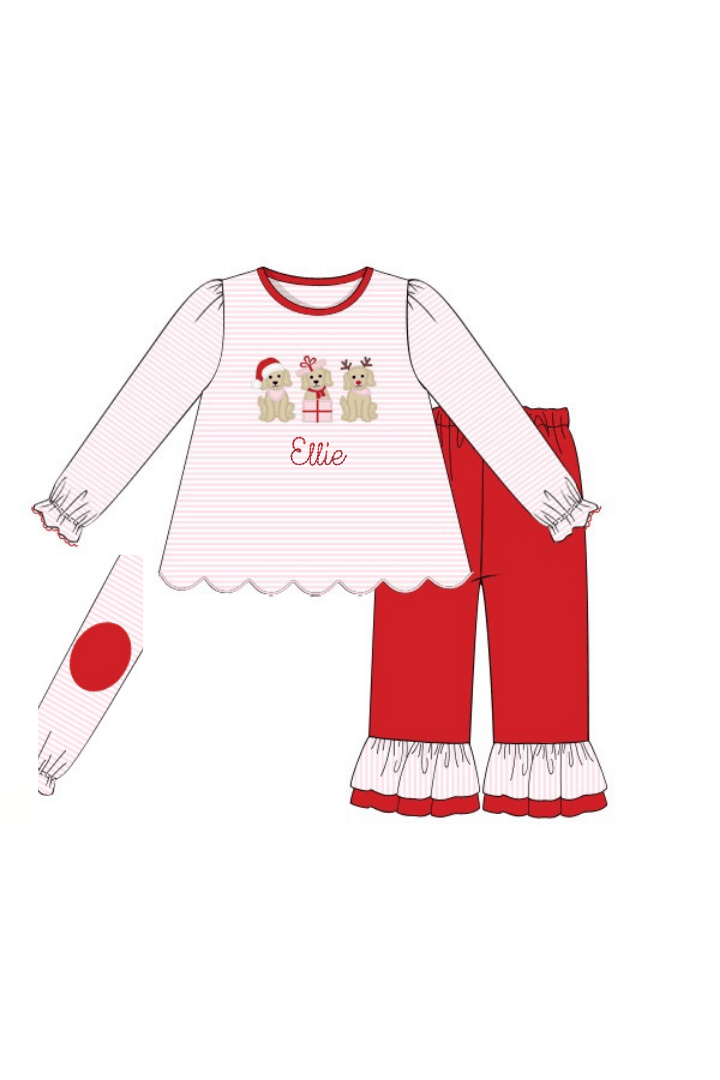 The Smocked Flamingo Apparel & Accessories Applique Holiday Puppy Pink and Red Ruffle Pant Set