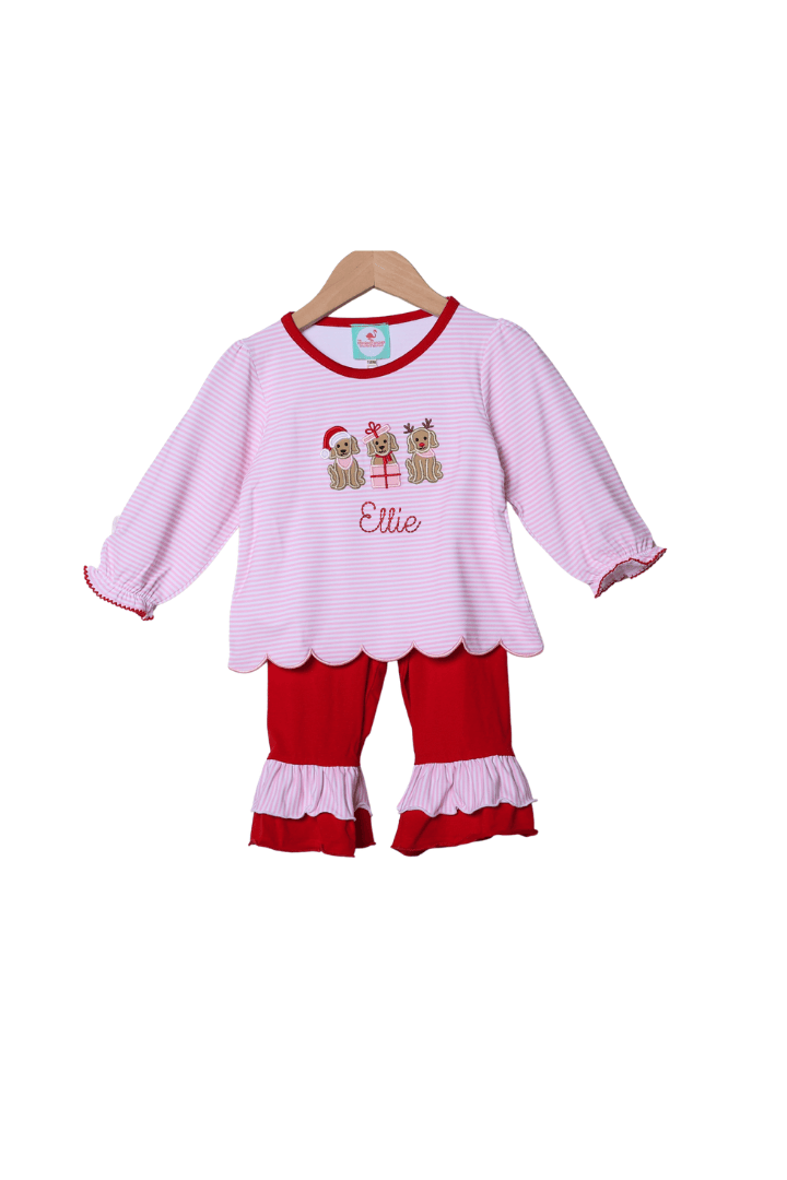 The Smocked Flamingo Apparel & Accessories Applique Holiday Puppy Pink and Red Ruffle Pant Set