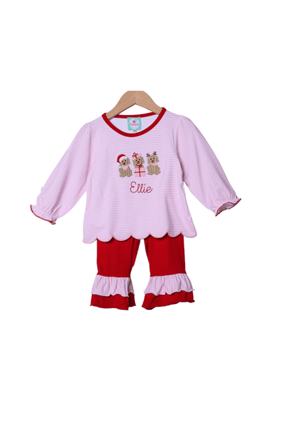 The Smocked Flamingo Apparel & Accessories Applique Holiday Puppy Pink and Red Ruffle Pant Set