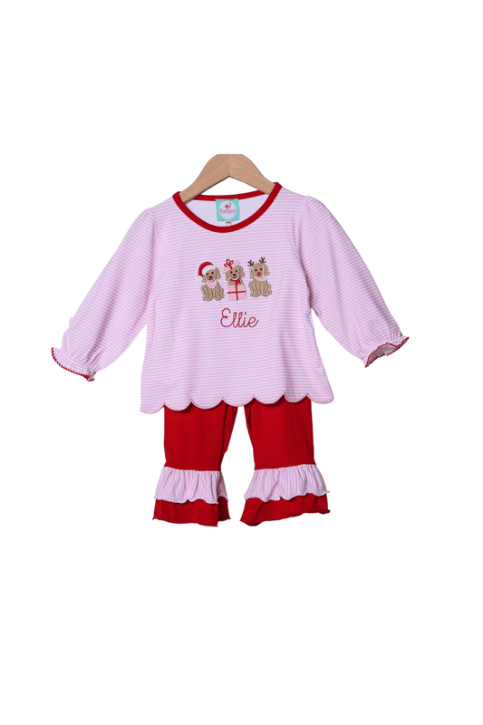 The Smocked Flamingo Apparel & Accessories Applique Holiday Puppy Pink and Red Ruffle Pant Set
