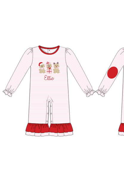 The Smocked Flamingo Apparel & Accessories Applique Holiday Puppy Pink and Red Ruffle Romper