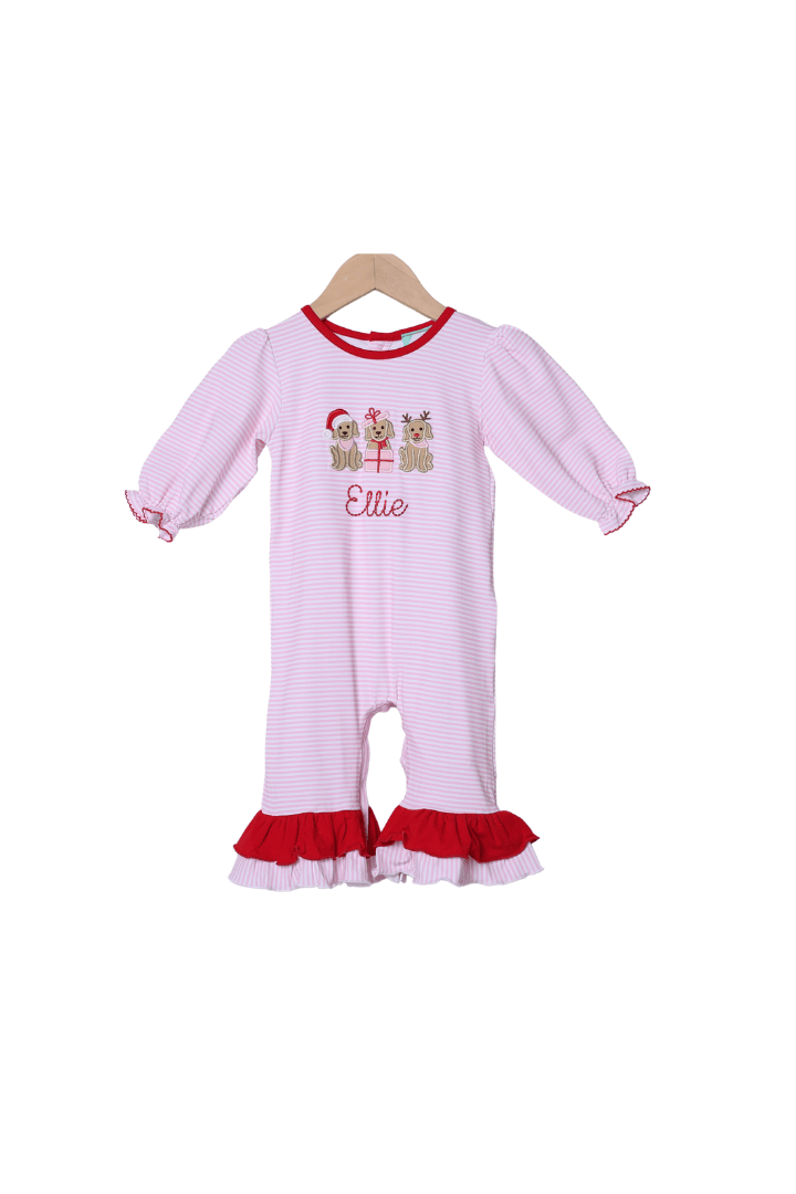 The Smocked Flamingo Apparel & Accessories Applique Holiday Puppy Pink and Red Ruffle Romper