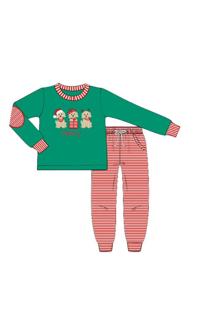 The Smocked Flamingo Apparel & Accessories Applique Holiday Puppy Red and Green Jogger Set