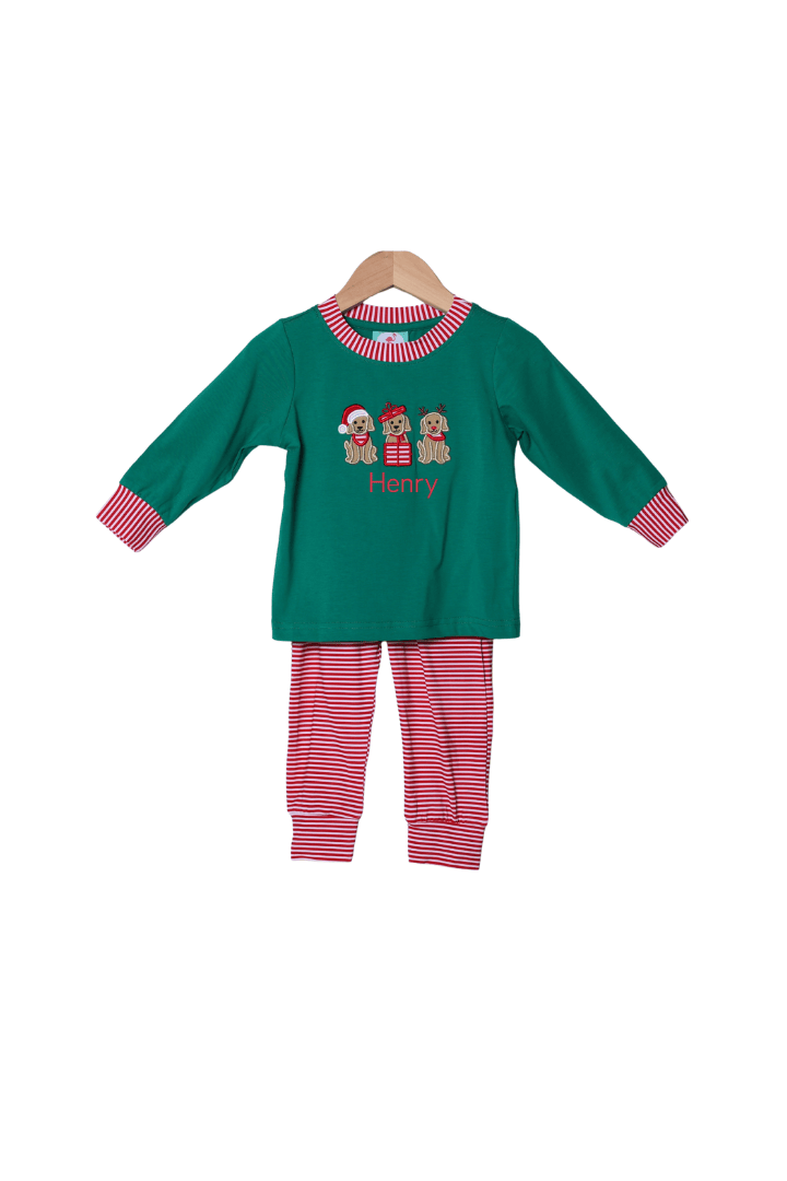 The Smocked Flamingo Apparel & Accessories Applique Holiday Puppy Red and Green Jogger Set