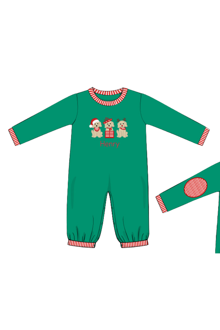 The Smocked Flamingo Apparel & Accessories Applique Holiday Puppy Red and Green Romper