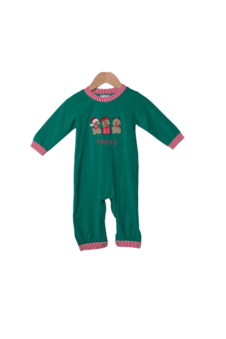 The Smocked Flamingo Apparel & Accessories Applique Holiday Puppy Red and Green Romper