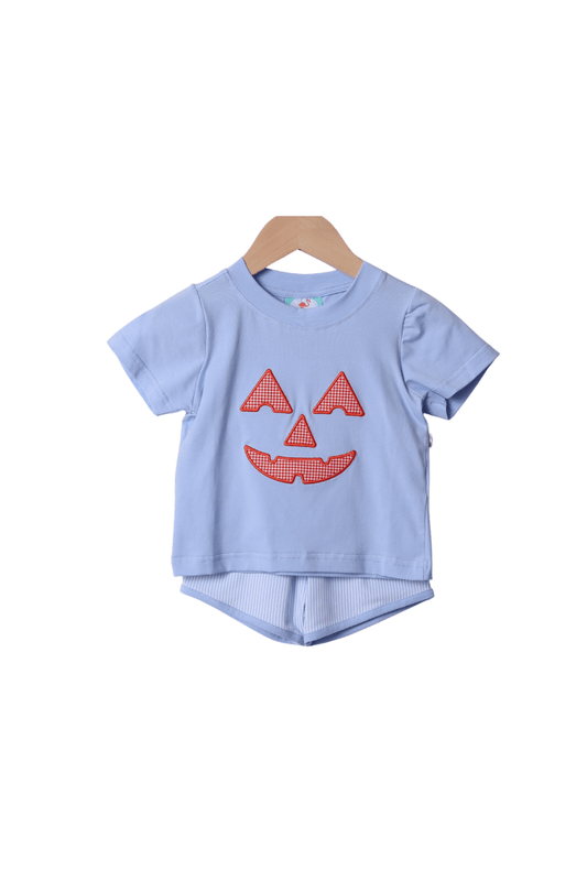 The Smocked Flamingo Apparel & Accessories Applique Jack-o-lantern Blue Short Set