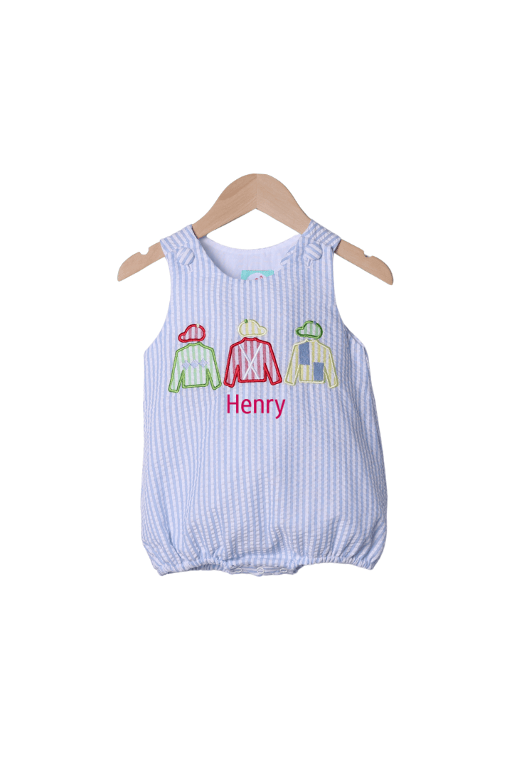 The Smocked Flamingo Apparel & Accessories Applique Jockey Silks Blue Seersucker Bubble