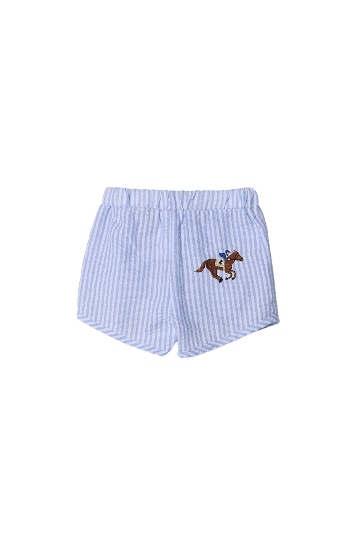 The Smocked Flamingo Apparel & Accessories Applique Jockey Silks Blue Seersucker Short Set