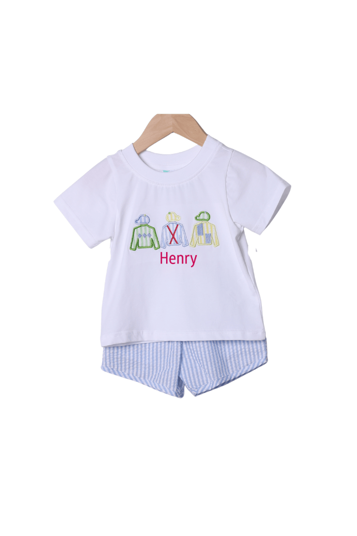 The Smocked Flamingo Apparel & Accessories Applique Jockey Silks Blue Seersucker Short Set