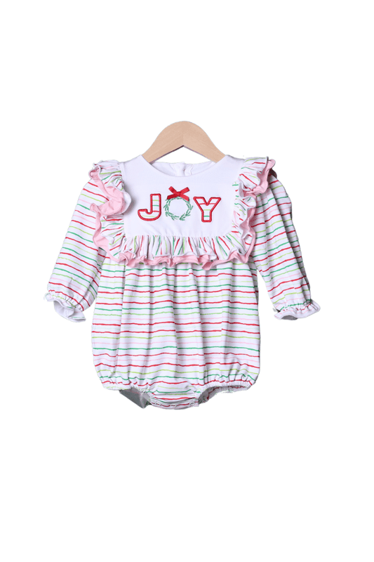 The Smocked Flamingo Apparel & Accessories Applique JOY Striped Ruffle Bubble