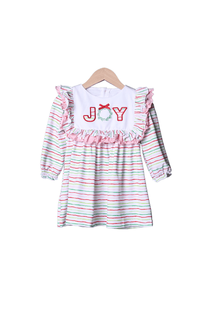 The Smocked Flamingo Apparel & Accessories Applique JOY Striped Ruffle Dress