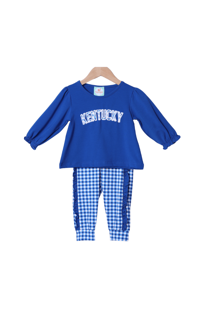 The Smocked Flamingo Apparel & Accessories Applique Kentucky Blue Gingham Ruffle Jogger Set