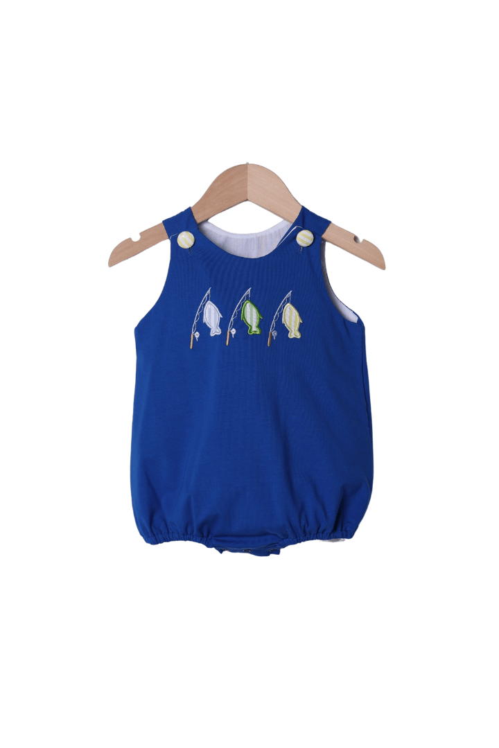 The Smocked Flamingo Apparel & Accessories Applique Let's Go Fishing Royal Blue Bubble