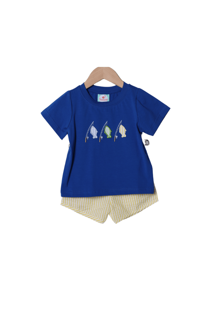 The Smocked Flamingo Apparel & Accessories Applique Let's Go Fishing Royal Blue Short Set