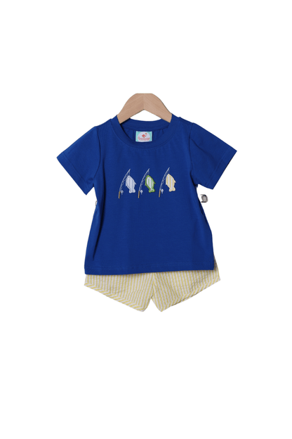 The Smocked Flamingo Apparel & Accessories Applique Let's Go Fishing Royal Blue Short Set