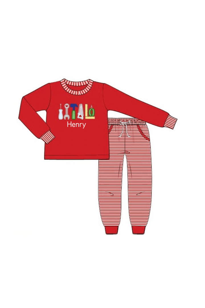 The Smocked Flamingo Apparel & Accessories Applique Little Tools Red Knit Jogger Set