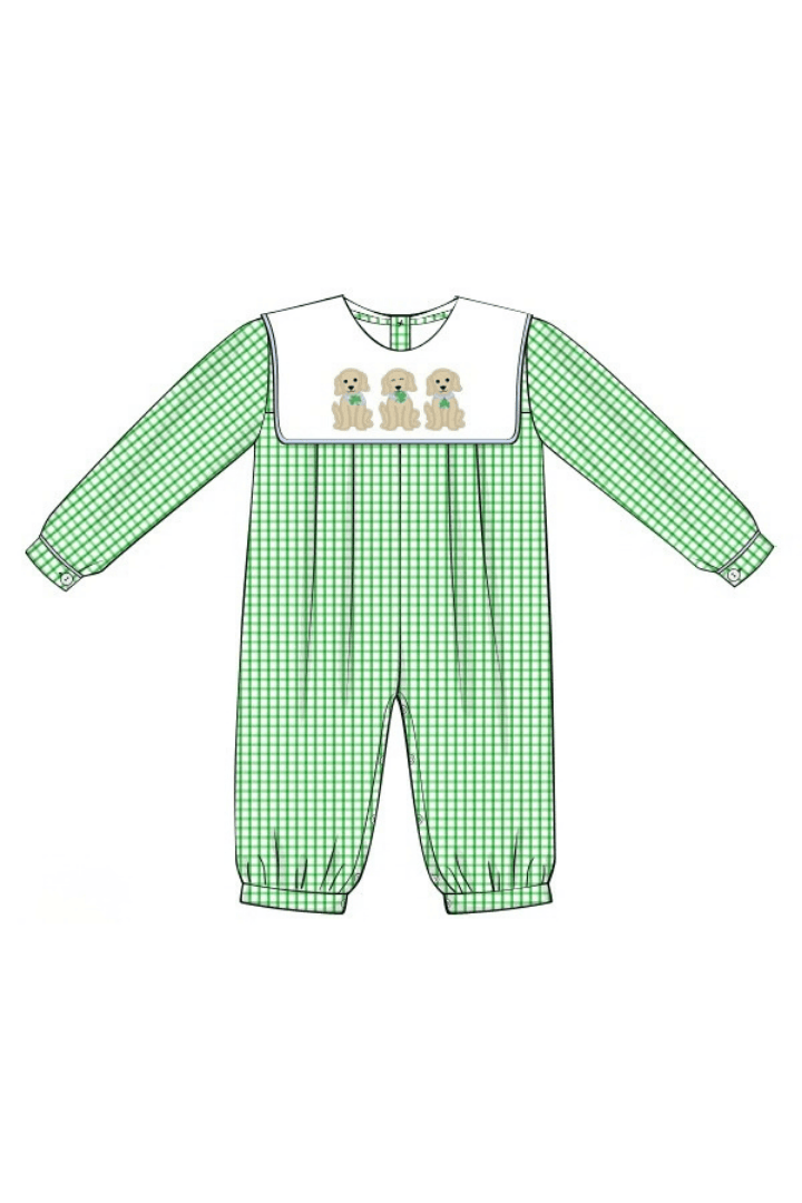 The Smocked Flamingo Apparel & Accessories Applique Lucky Dog Green Windowpane Romper