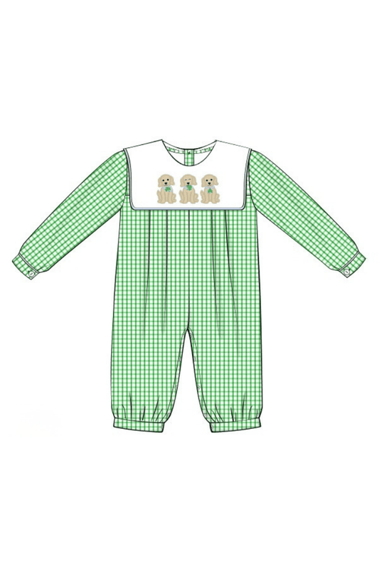 The Smocked Flamingo Apparel & Accessories Applique Lucky Dog Green Windowpane Romper