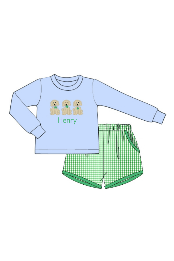 The Smocked Flamingo Apparel & Accessories Applique Lucky Dog Green Windowpane Short Set