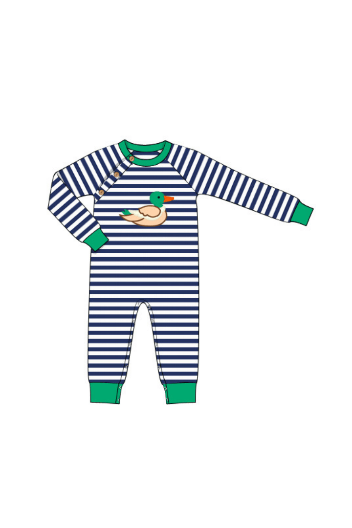 The Smocked Flamingo Apparel & Accessories Applique Mallard Navy Stripe Romper