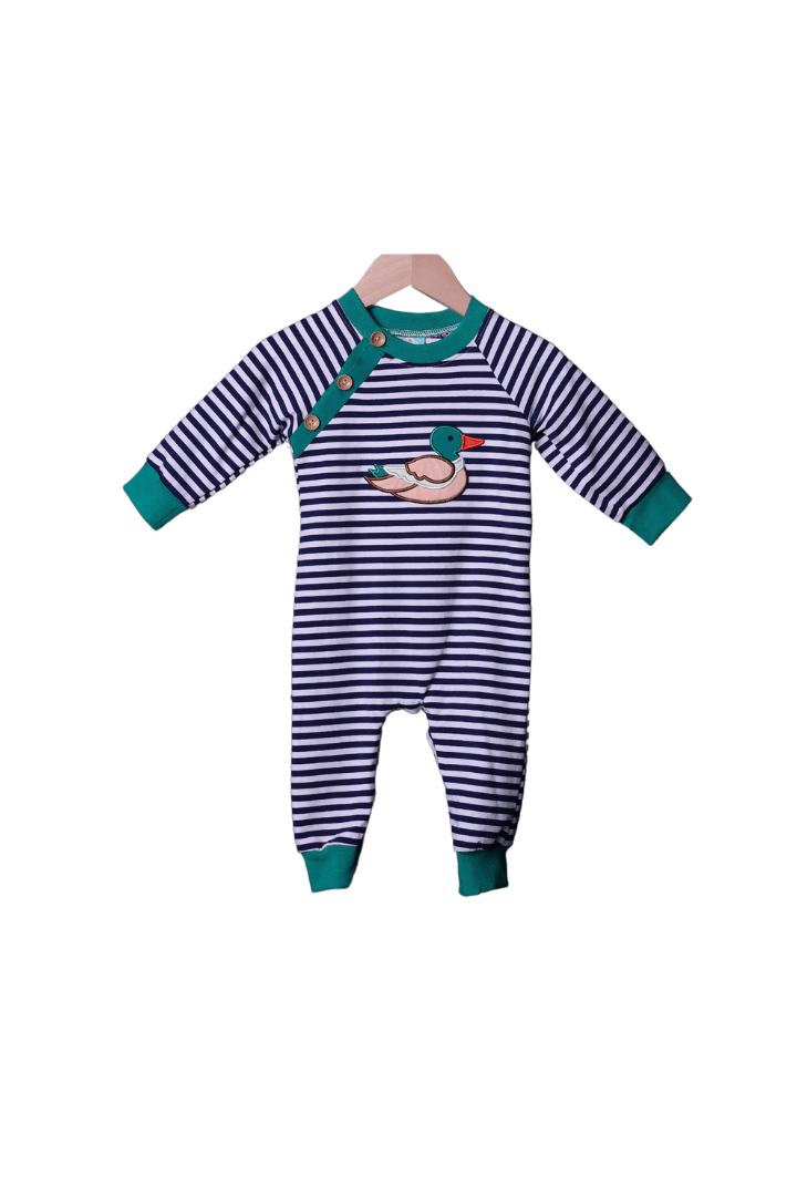 The Smocked Flamingo Apparel & Accessories Applique Mallard Navy Stripe Romper