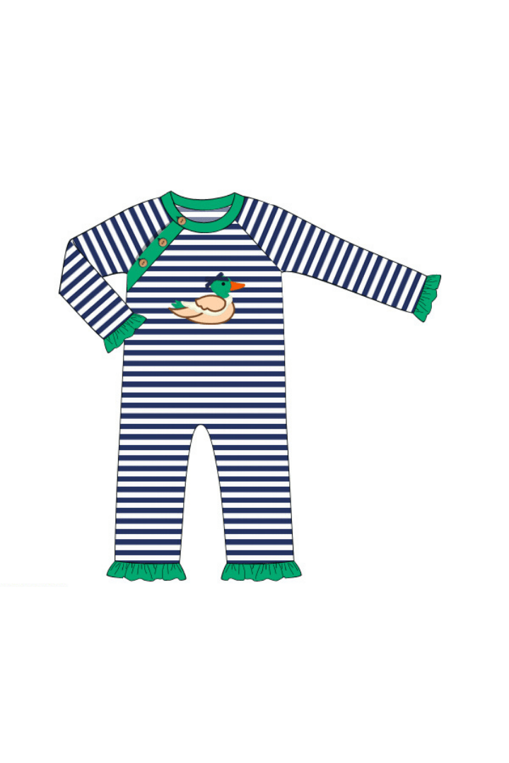 The Smocked Flamingo Apparel & Accessories Applique Mallard Navy Stripe Ruffle Romper