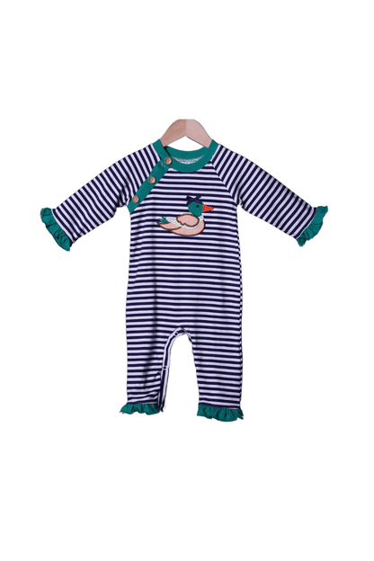 The Smocked Flamingo Apparel & Accessories Applique Mallard Navy Stripe Ruffle Romper