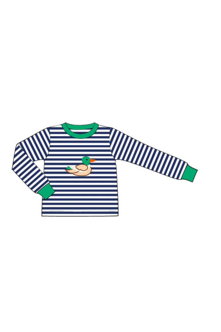 The Smocked Flamingo Apparel & Accessories Applique Mallard Navy Stripe Shirt