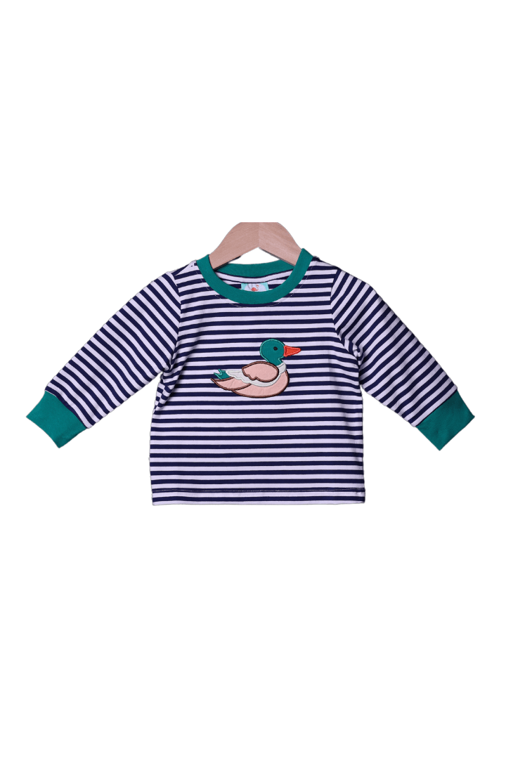 The Smocked Flamingo Apparel & Accessories Applique Mallard Navy Stripe Shirt