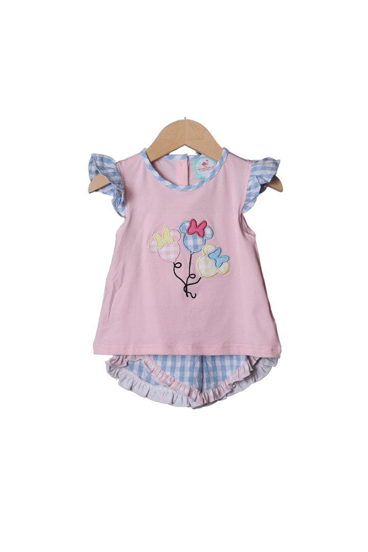 The Smocked Flamingo Apparel & Accessories Applique Mouse Balloons Seersucker Ruffle Short Set