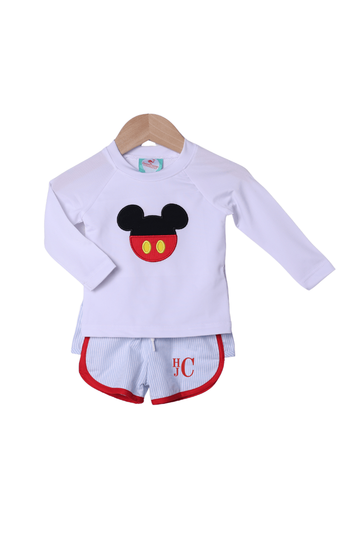 The Smocked Flamingo Apparel & Accessories Applique Mouse Blue Stripe 2pc Rash Guard and Trunks