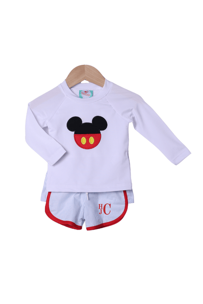 The Smocked Flamingo Apparel & Accessories Applique Mouse Blue Stripe 2pc Rash Guard and Trunks