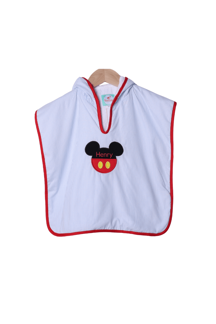 The Smocked Flamingo Apparel & Accessories Applique Mouse Blue Stripe Hooded Coverup