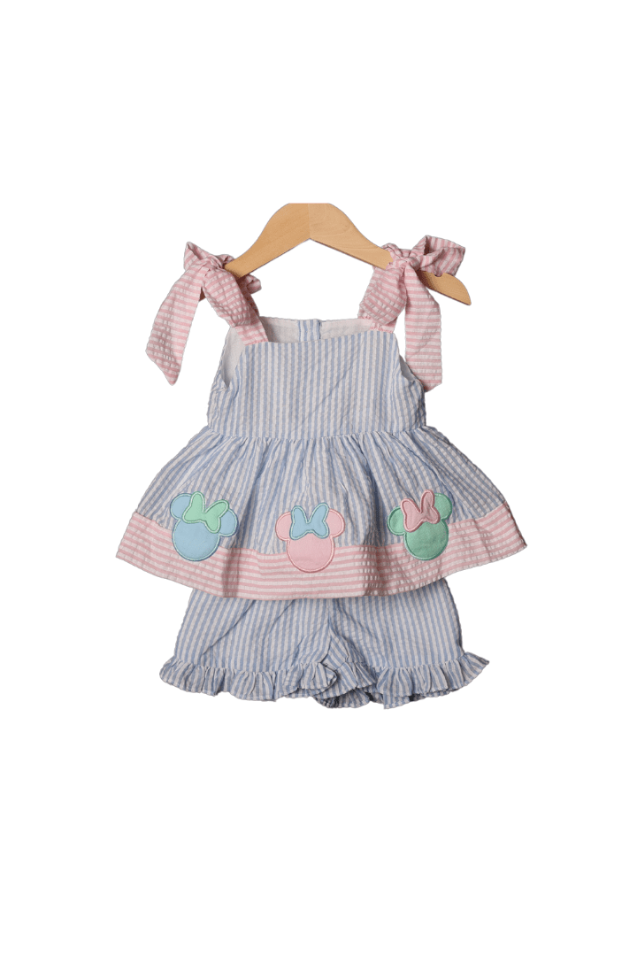 The Smocked Flamingo Apparel & Accessories Applique Mouse Pastel Seersucker Short Set