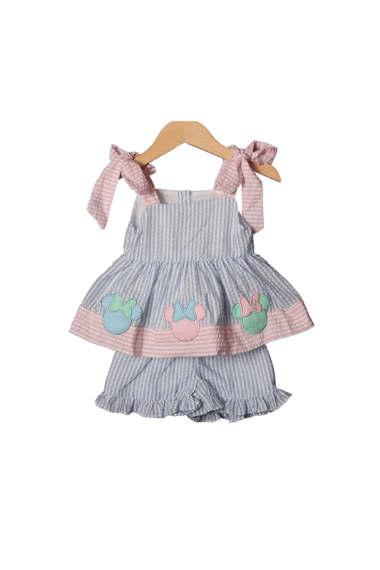 The Smocked Flamingo Apparel & Accessories Applique Mouse Pastel Seersucker Short Set