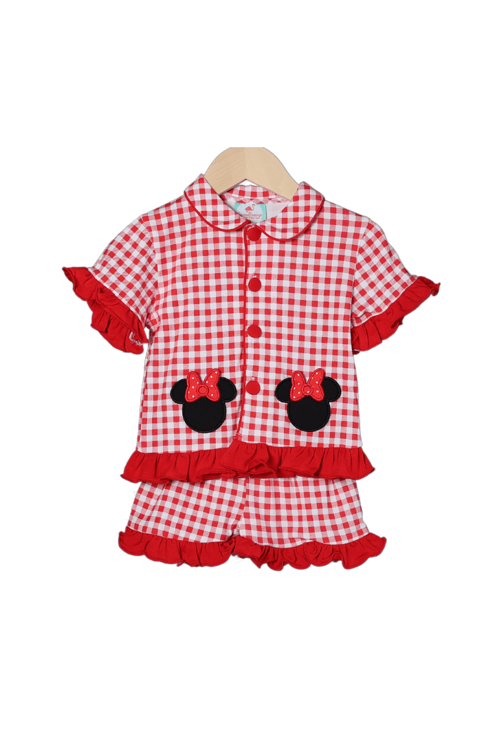 The Smocked Flamingo Apparel & Accessories Applique Mouse Red Gingham Lounge Set