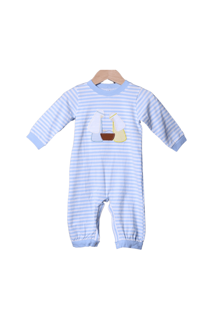 The Smocked Flamingo Apparel & Accessories Applique Nativity Blue Stripe Romper